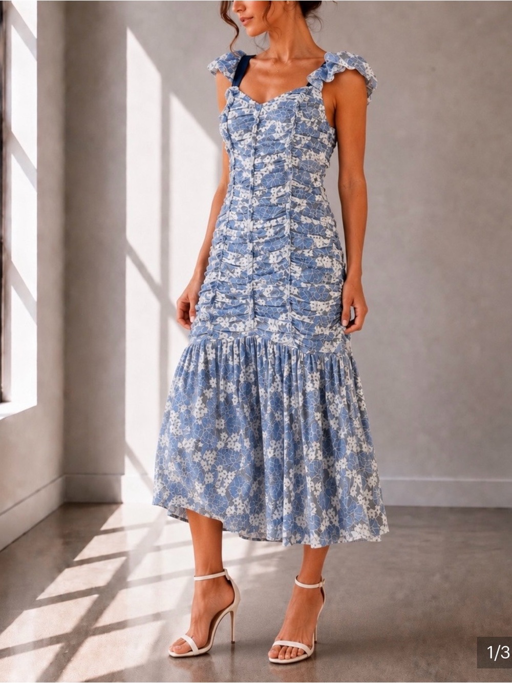 Delilah Ruched Blue Floral Ruffled Midi Dress